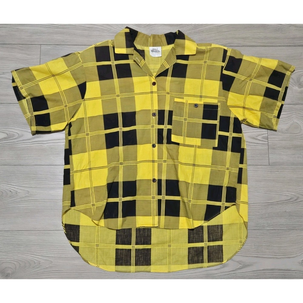 Vintage You Babes Black Yellow Plaid  Button-Up Short Sleeve Shirt Women's Small